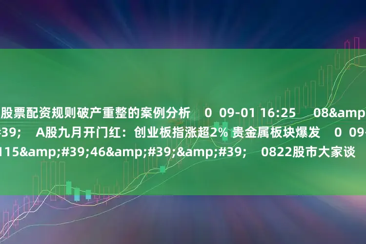 股票配资规则破产重整的案例分析    0  09-01 16:25     08&#39;23&#39;&#39;    A股九月开门红：创业板指涨超2% 贵金属板块爆发    0  09-01 16:25     115&#39;46&#39;&#39;    0822股市大家谈     0  08-22 18:00     一财最热    点击关